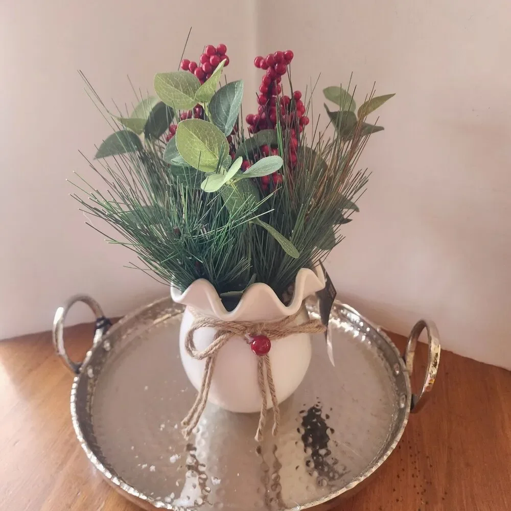 Home Decor Artifical Floral Greenery Arrangement White Ruffled Pottery P…